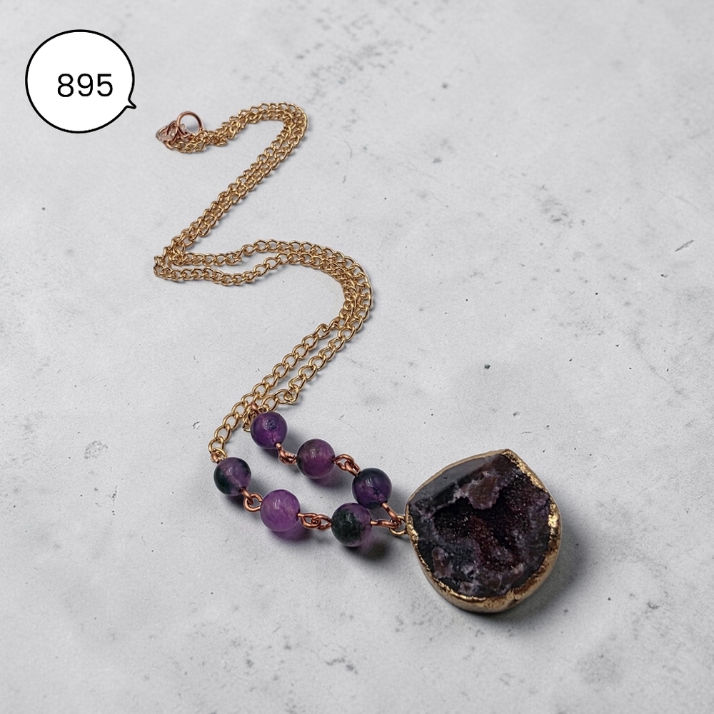 Handmade Gold Chain Necklace with Purple Druzy Pendant and Flourite Beads